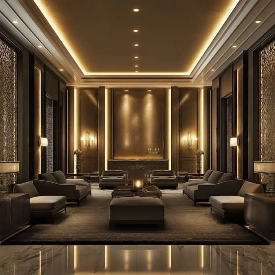 Luxury lounge interior with gold-lit wall paneling