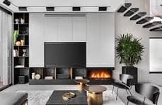 Modern black and white living room with fireplace