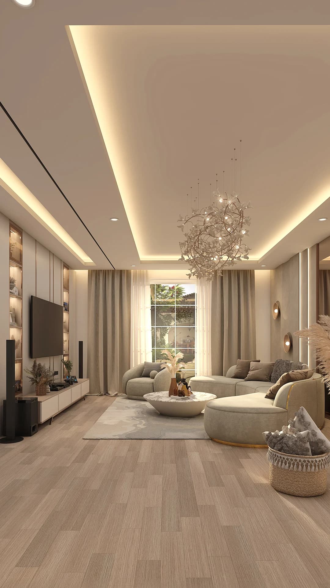Neutral-toned living room with statement chandelier